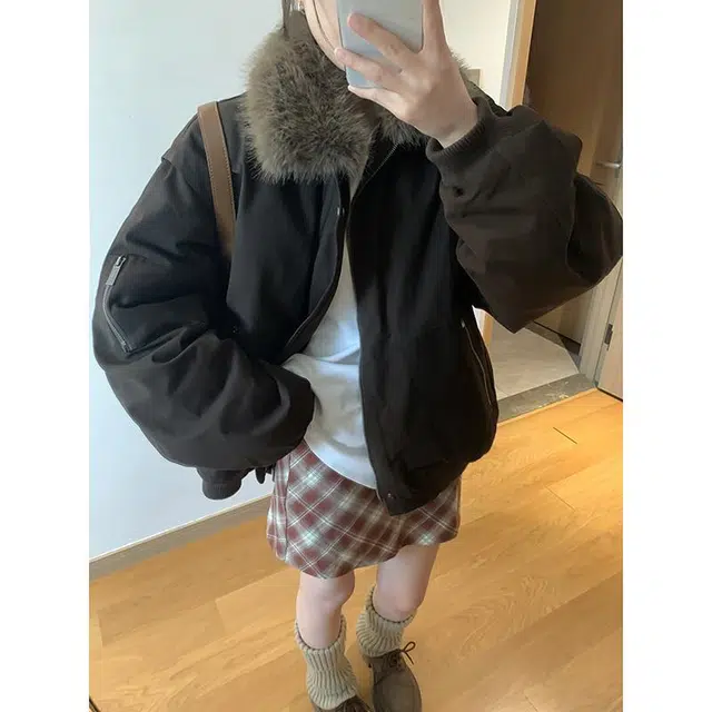 邓大喵 秋冬季美式复古毛领拼接外套女宽松百搭夹克加厚保暖上衣棉服 女款