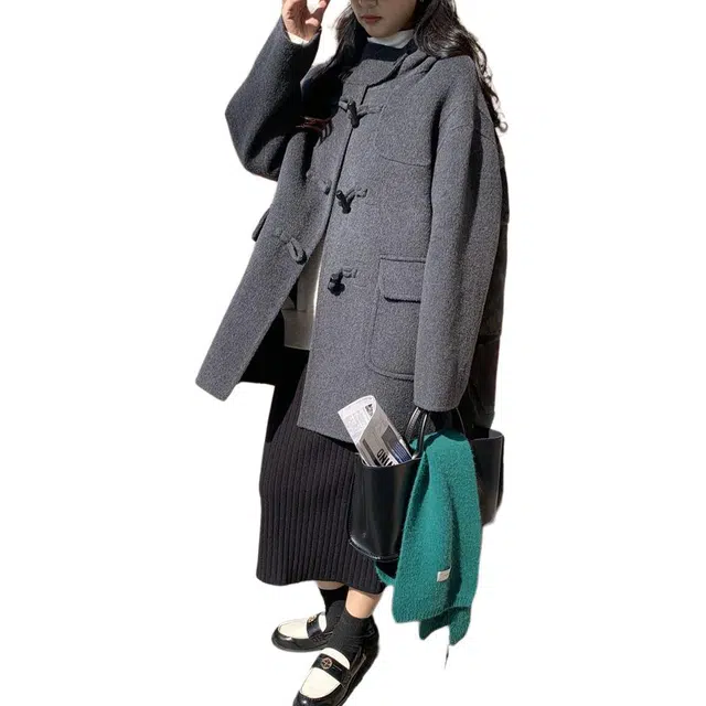 邓大喵 秋冬连帽牛角扣双面毛呢女小个子百搭减龄外套好看大衣 女款