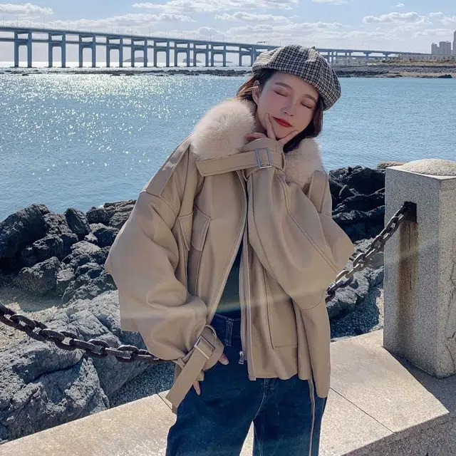 邓大喵 外套女秋冬大码宽松加绒加厚小个子短款棉服皮衣 女款