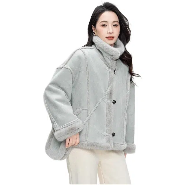 邓大喵 小个子毛毛拼接设计感加厚机车服女冬季宽松休闲立领外套 女款