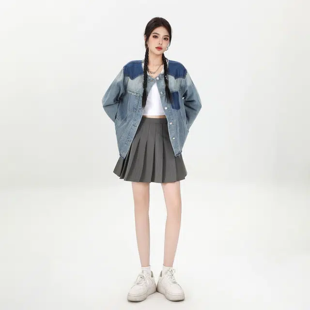 邓大喵 韩系街头个性拼色女秋季设计感小众宽松显瘦夹克上衣牛仔外套 女款