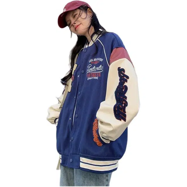邓大喵 美式潮牌外套女春季韩版宽松百搭刺绣学生夹克棒球服 女款