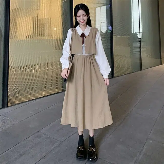 邓大喵 假两件撞色拼接秋季法式复古学院风收腰显瘦中长款裙子长袖连衣裙 女款