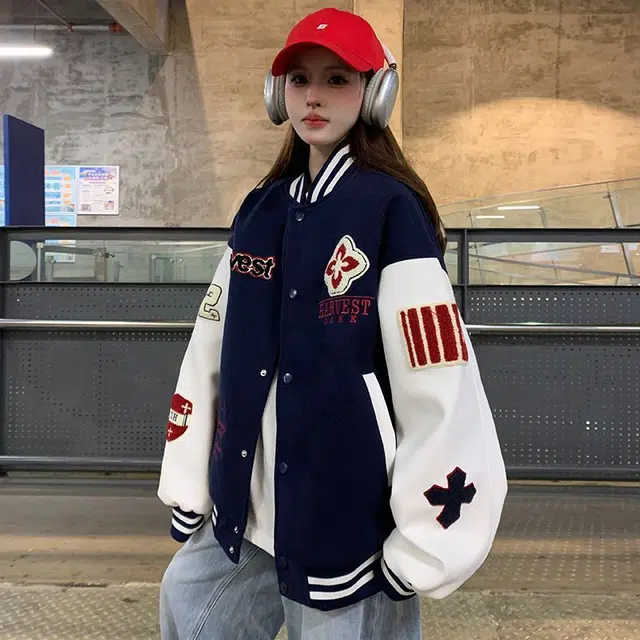 邓大喵 美式复古国潮字母刺绣女春季休闲宽松学生情侣夹克外套棒球服 女款