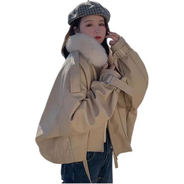 邓大喵 外套女秋冬大码宽松加绒加厚小个子短款棉服皮衣 女款