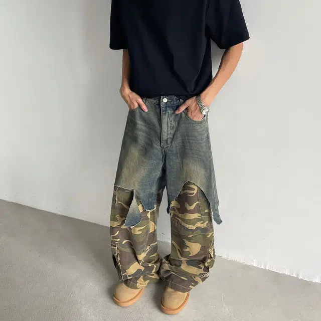 美式高街风拼接迷彩多袋直筒与弯刀机能休闲裤牛仔裤 男款