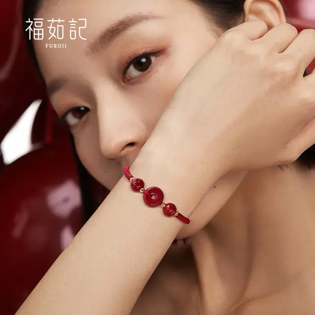 福茹记 平安圆环 莲花莲藕平安 佳偶天成中式国风 吉祥如意#好运 朱砂 手链 女款