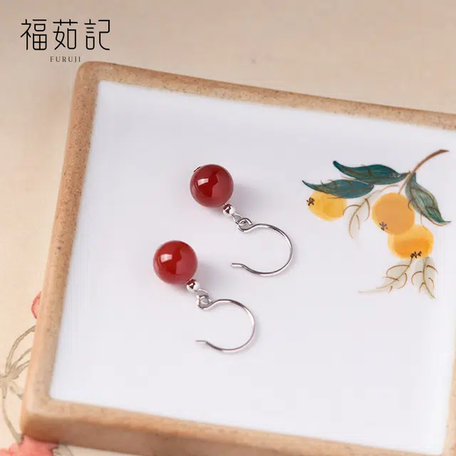 福茹记 相见欢 红豆新中式国潮风轻奢优雅高级感小众设计 简约百搭耳饰 玛瑙 耳环 女款