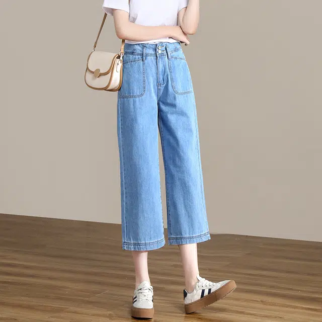 惟熙 窄版薄款双扣高腰宽松小个子垂感直筒七分裤牛仔裤 女款 浅蓝色