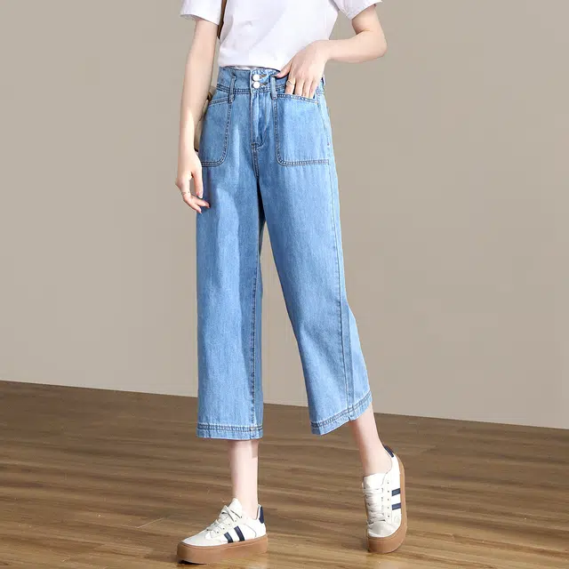 惟熙 窄版薄款双扣高腰宽松小个子垂感直筒七分裤牛仔裤 女款 浅蓝色
