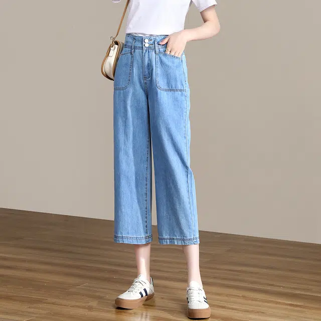 惟熙 窄版薄款双扣高腰宽松小个子垂感直筒七分裤牛仔裤 女款 浅蓝色
