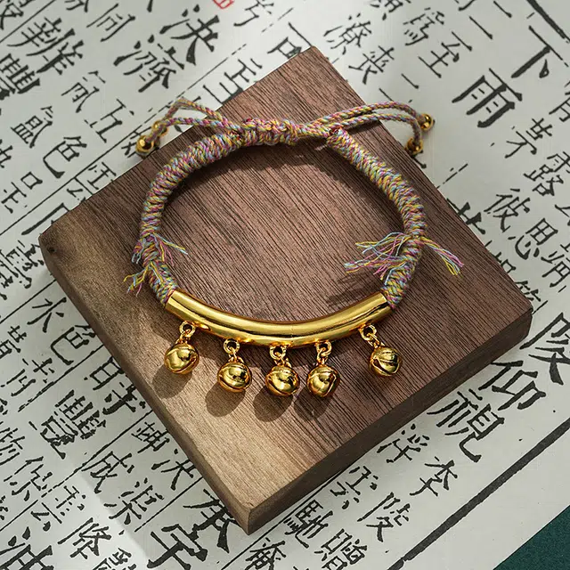 饰福瑞 新中式弯管铃铛手工编织绳手饰 小众设计高级精致时尚气质复古百搭好运 合金 手链 女款