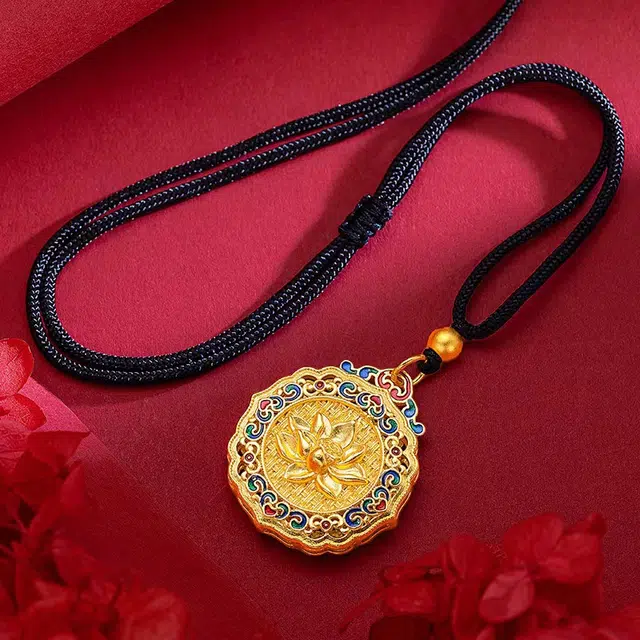 饰福瑞  福满花丝荷花项饰 新中式古法花丝荷花珐琅彩挂坠项坠 国风珐琅祥云莲花锁骨链 通勤百搭好运 合金 项链 男女同款情侣款
