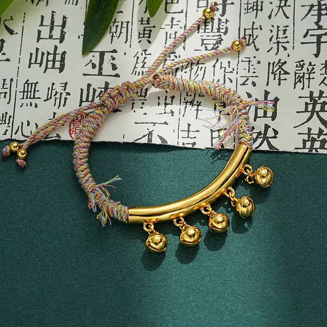 饰福瑞 新中式弯管铃铛手工编织绳手饰 小众设计高级精致时尚气质复古百搭好运 合金 手链 女款