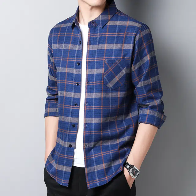 恒源祥 商务休闲简约格子单排扣翻领长袖衬衫 男款