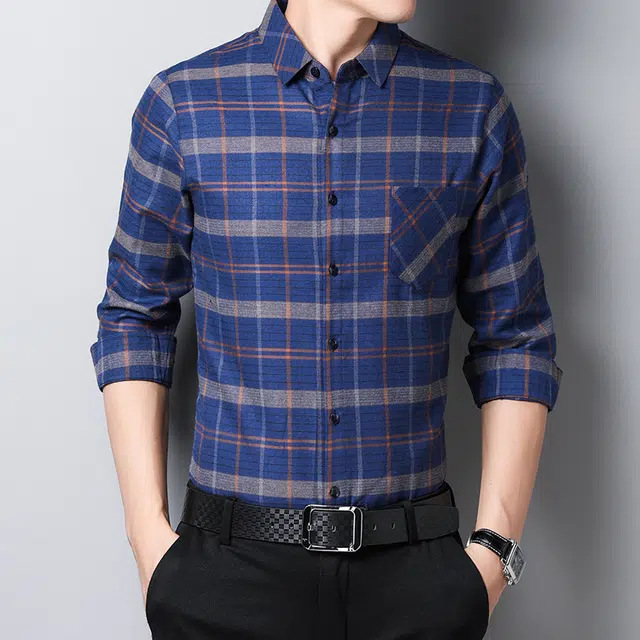 恒源祥 商务休闲简约格子单排扣翻领长袖衬衫 男款