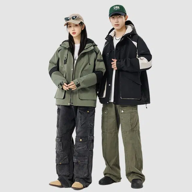 恒源祥 撞色拼接连帽工装大口袋夹克 男女同款