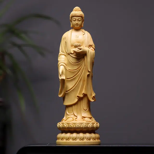 仙作美 木雕阿弥陀佛大日如来佛像供奉守护神 黄杨木 木作摆件 男女同款情侣款