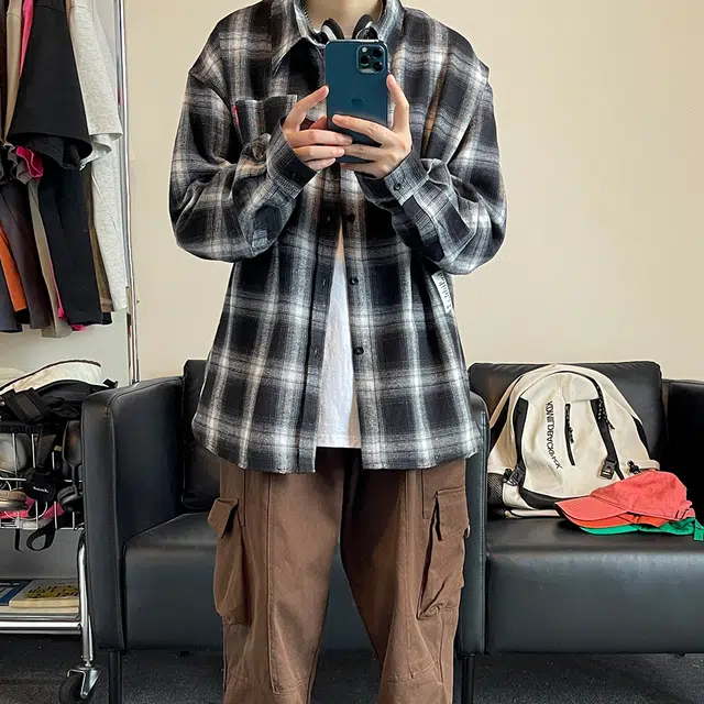 悍戈 美式复古多彩格纹嘻哈满印口袋翻领休闲宽松重磅长袖衬衫 男女同款