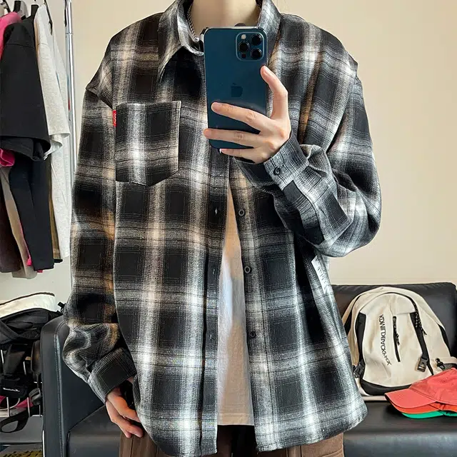 悍戈 美式复古多彩格纹嘻哈满印口袋翻领休闲宽松重磅长袖衬衫 男女同款