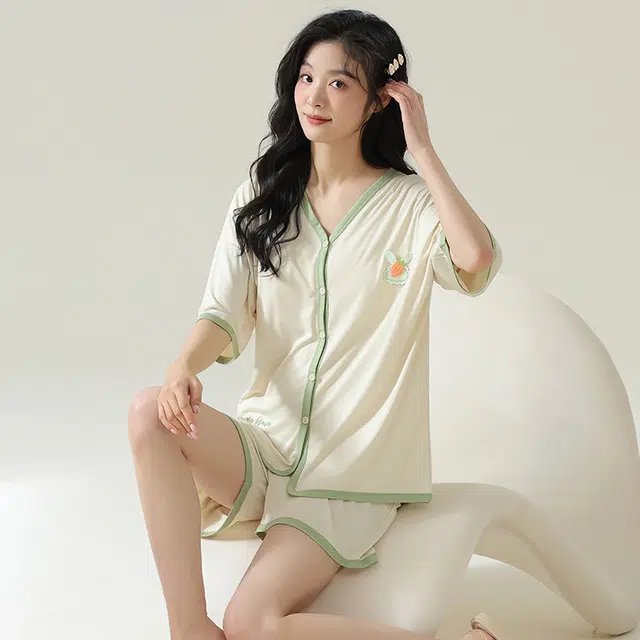 袋鼠 时尚清新简约宽松舒适透气轻薄休闲短袖防凸点可外穿夏季睡衣套装 女款 香槟色