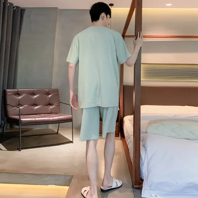 袋鼠 简约舒适亲肤柔软细腻透气凉感耐磨短袖松紧裤腰可外穿五分裤睡衣套装 男款 淡青色