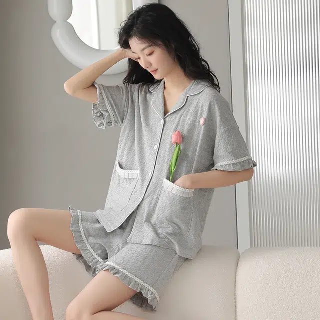 袋鼠 舒适柔软吸湿透气微弹亲肤短袖三分裤可外穿睡衣套装 女款 灰色