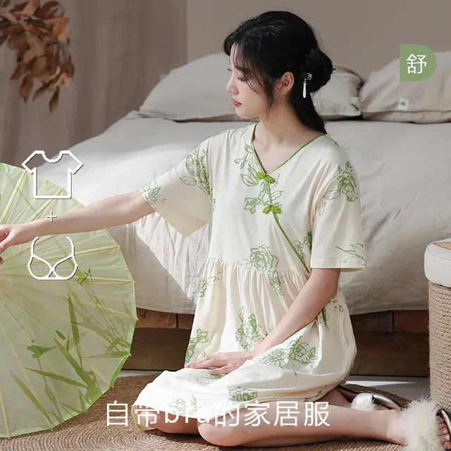 袋鼠 简约国风舒适亲肤微弹吸湿透气自带固定胸垫短袖裙休闲外穿睡裙 女款 杏色