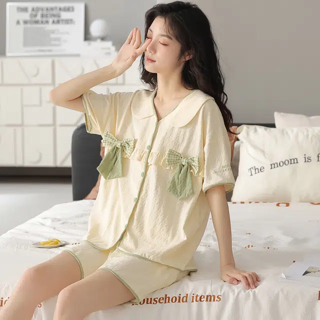 袋鼠 舒适柔软透气微弹耐磨开衫短袖不勒腹三分裤可居家休闲外穿睡衣套装 女款 杏色