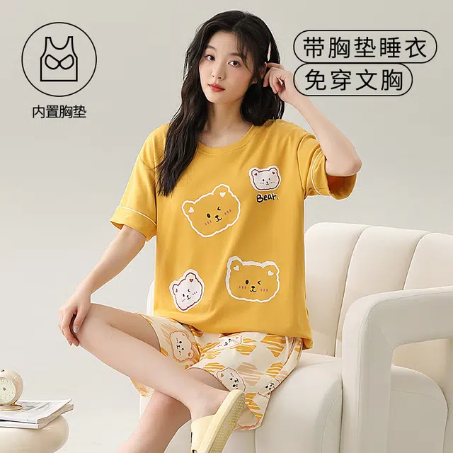 袋鼠 时尚卡通小清新短袖短裤亲肤轻薄透气可外穿少女睡衣套装 女款 土黄色