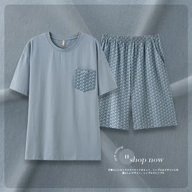 袋鼠 简约亲肤舒适时尚纯色透气短袖休闲可外穿经典七分裤夏季睡衣套装 男款 亮钢蓝
