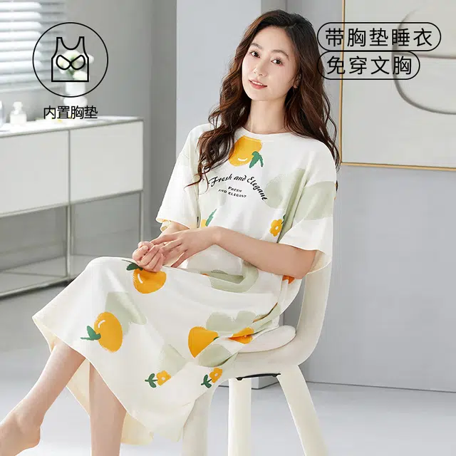 袋鼠 韩系印花满印休闲居家舒适透气亲肤短袖带胸垫可外穿睡裙 女款 象牙白