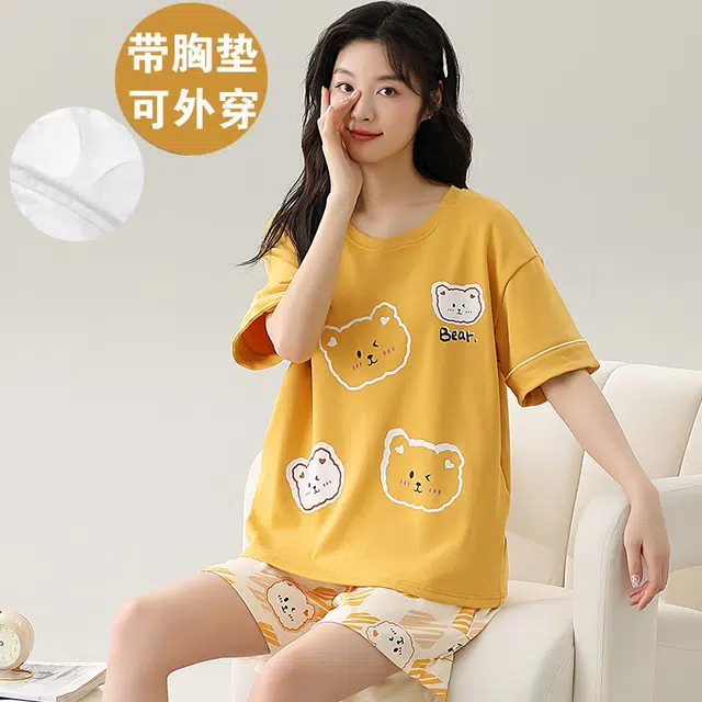 袋鼠 时尚卡通小清新短袖短裤亲肤轻薄透气可外穿少女睡衣套装 女款 土黄色