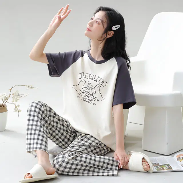 袋鼠 字母印花格子舒适透气轻薄亲肤短袖睡衣套装 女款 深灰色