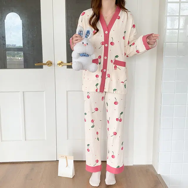 袋鼠 韩版亲肤轻柔长袖长裤时尚可外穿甜美可爱睡衣套装 女款 玫红色