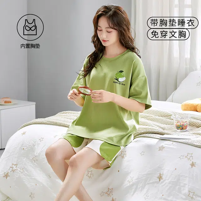 袋鼠 经典简约时尚印花宽松韩系舒适透气轻薄居家休闲短袖短裤带胸垫防凸点可外穿睡衣套装 女款 黄绿色