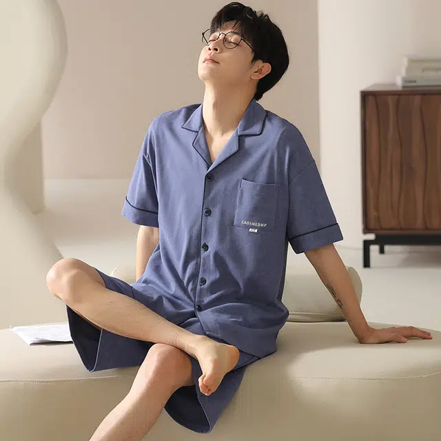袋鼠 薄款口袋上衣素色经典开衫舒适亲肤透气可外穿短袖松紧腰短裤睡衣套装 男款 灰蓝