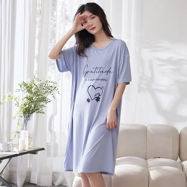 袋鼠 休闲温柔轻薄透气柔软舒适亲肤微弹少女带图案带口袋可居家直筒短袖中长款可外穿睡裙 女款 紫罗兰