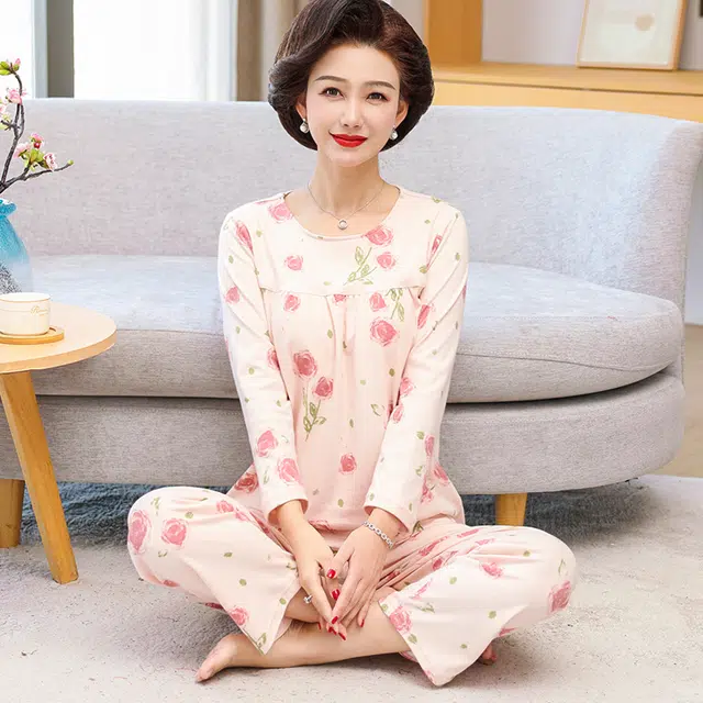 袋鼠 细腻亲肤舒适柔软透气微弹耐磨吸湿排汗开衫长袖长裤不勒腹可居家休闲可外穿睡衣套装 女款 杏色