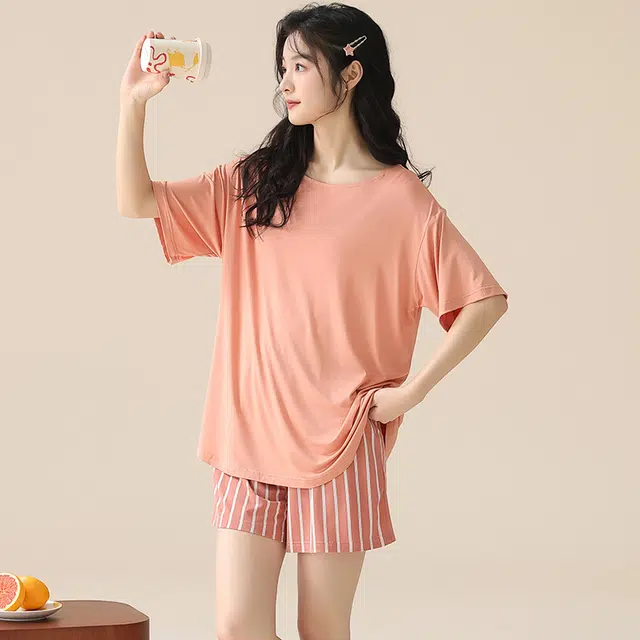 袋鼠 简约短袖条纹透气亲肤可外穿睡衣套装 女款 虾红