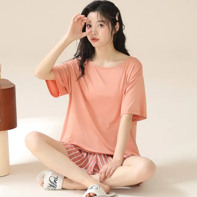 袋鼠 简约短袖条纹透气亲肤可外穿睡衣套装 女款 虾红