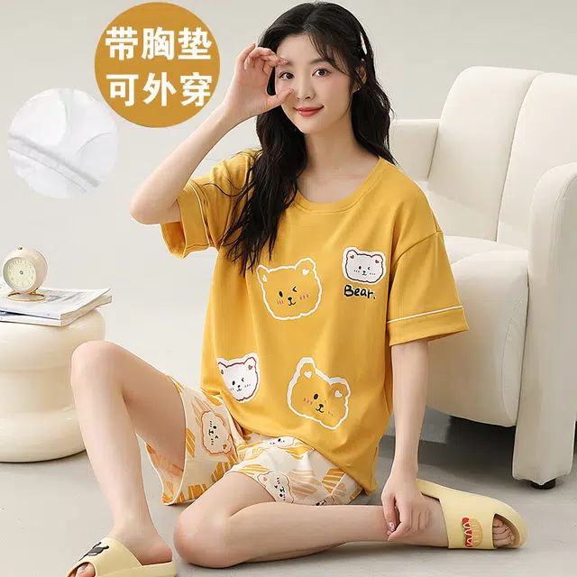 袋鼠 时尚卡通小清新短袖短裤亲肤轻薄透气可外穿少女睡衣套装 女款 土黄色