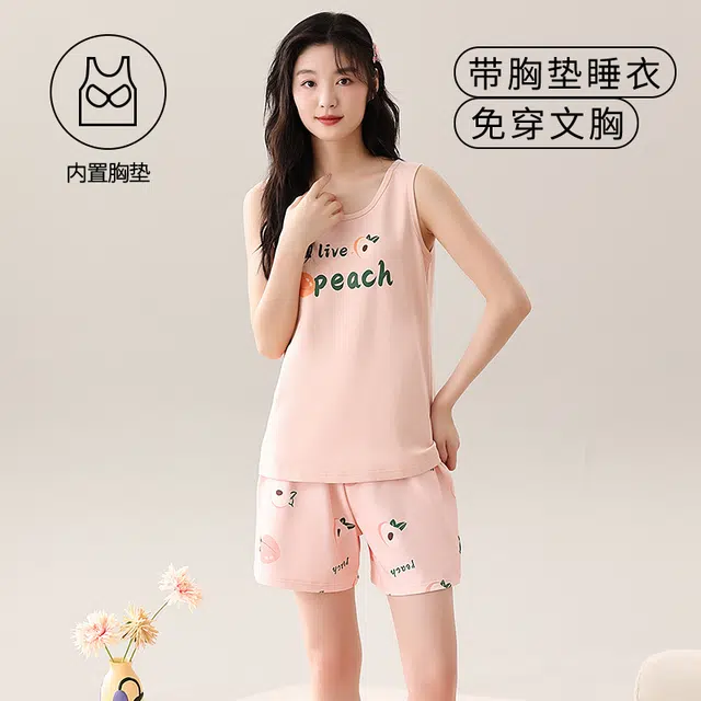 袋鼠 纯色卡通印花满印时尚休闲轻薄舒适背心带胸垫睡衣套装 女款 藕色