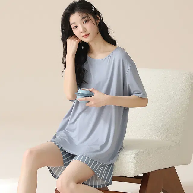 袋鼠 休闲简约短袖条纹可外穿睡衣套装 女款 亮钢蓝