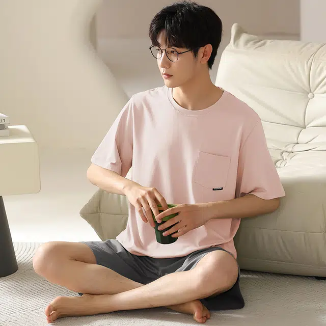 袋鼠 薄款单口袋上衣经典素色短袖松紧亲肤透气可外穿五分裤睡衣套装 男款 浅粉