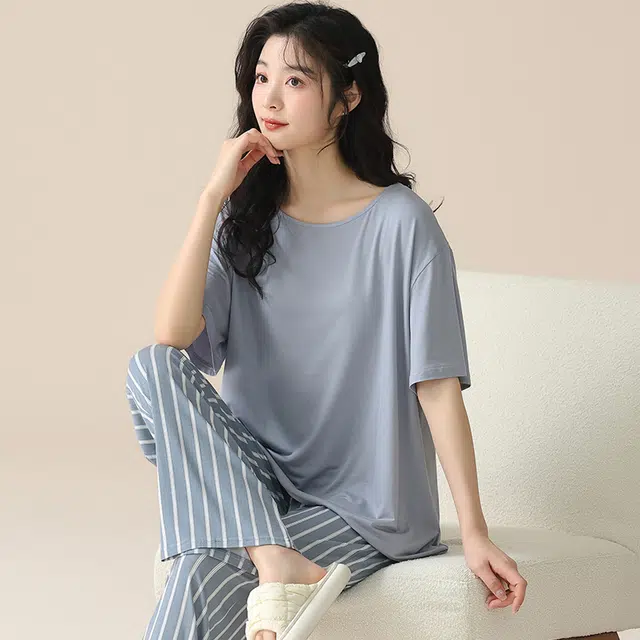 袋鼠 薄款休闲简约少女短袖条纹长裤时尚居家可外穿睡衣套装 女款