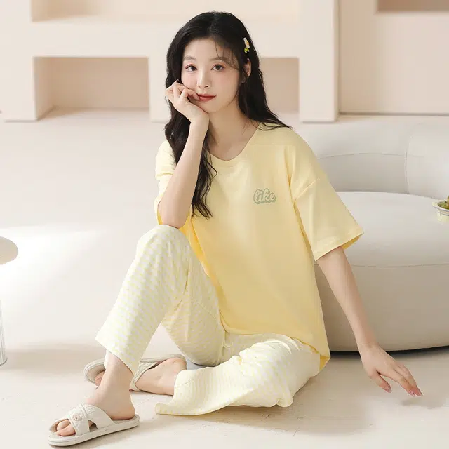 袋鼠 抗菌防螨小清新透气甜美柔软舒适圆领带胸垫防凸点短袖不勒腹长裤家居服可外穿睡衣套装 女款 黄色