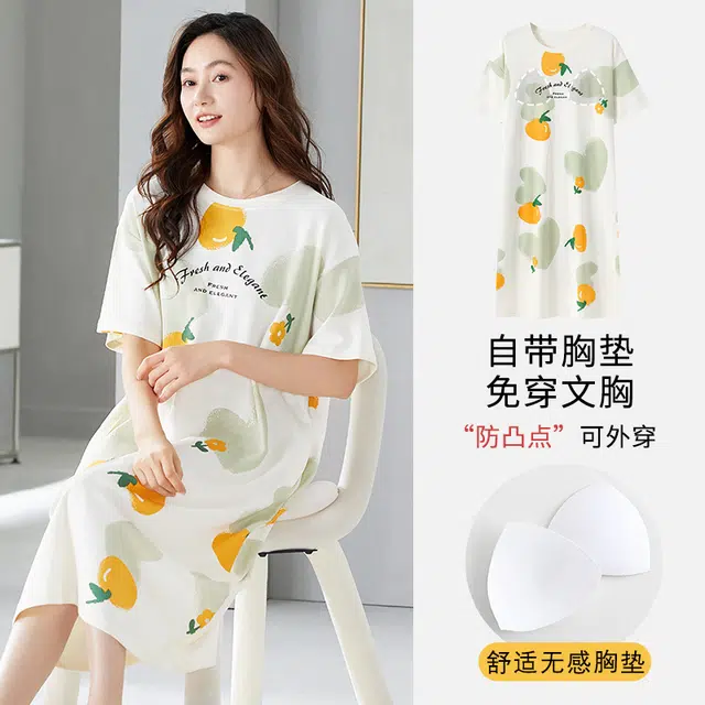 袋鼠 韩系印花满印休闲居家舒适透气亲肤短袖带胸垫可外穿睡裙 女款 象牙白