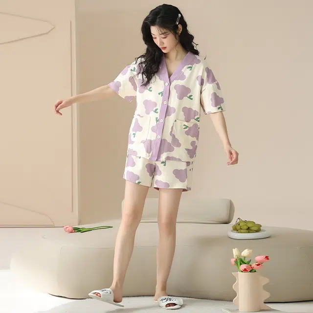 袋鼠 抗菌防螨时尚清爽轻薄亲肤青春活力舒适透气休闲短袖三分裤居家可外穿睡衣套装 女款 图色