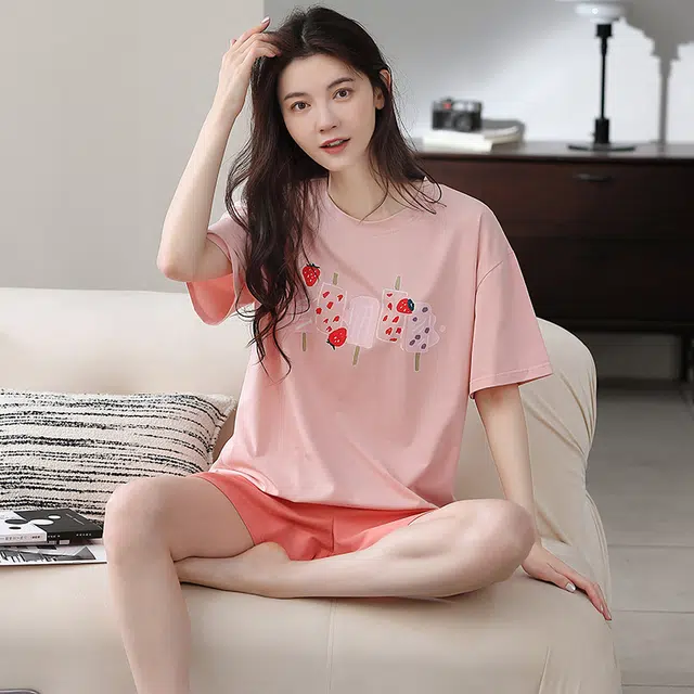 袋鼠 时尚纯色韩系印花薄款透气舒适短袖短裤可外穿睡衣套装 女款 粉红色